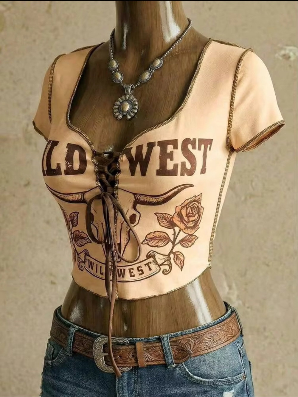 Wild West Graphic Lace-Up Crop Top